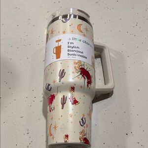 Stylish Cream Travel Mug with Western Design
